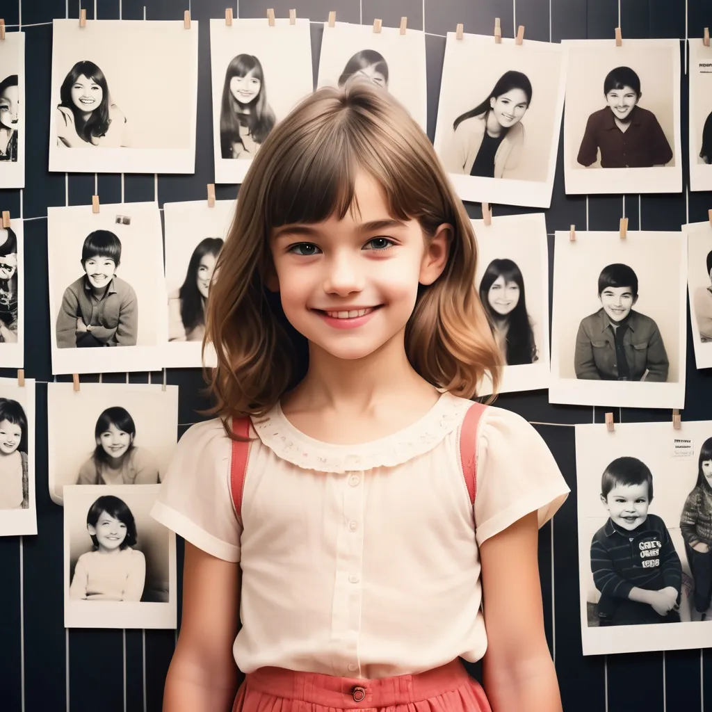 Prompt: photo of pretty kid smirking, standing in front of posters wall, polaroid effect