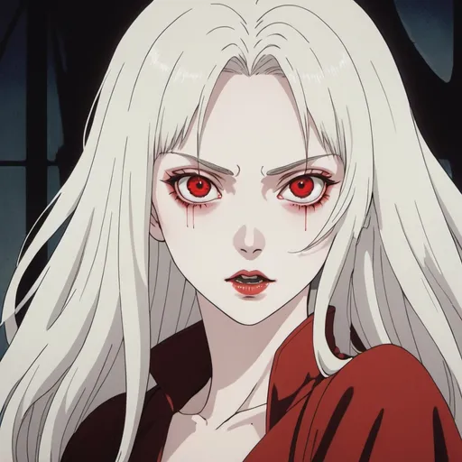 Prompt: 90's anime film grain vampire women, pale skin, red colored eyes