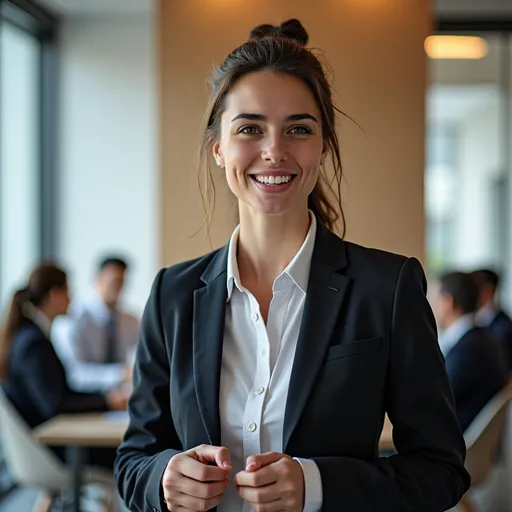 Prompt: Tall young woman dressed as a business woman, detailed clothing, realistic, talking in a meeting room