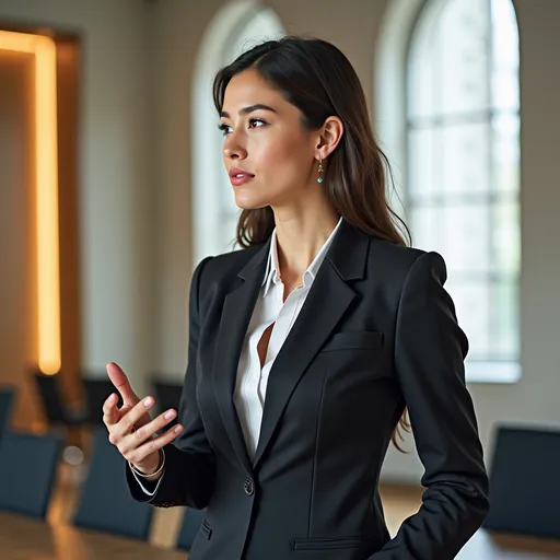 Prompt: Tall young woman dressed as a business woman, detailed clothing, realistic, talking in a meeting room