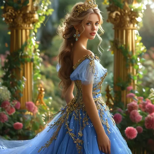 Prompt: (Beautiful princess), exquisite gown flowing elegantly, intricate details adorned with shimmering embellishments, vibrant colors of royal blue and gold, soft, ethereal lighting creating a magical atmosphere, lush garden background with blooming flowers, high-quality, ultra-detailed rendering, graceful pose evoking elegance and charm, dreamlike ambiance reminiscent of a fairytale moment. 4k