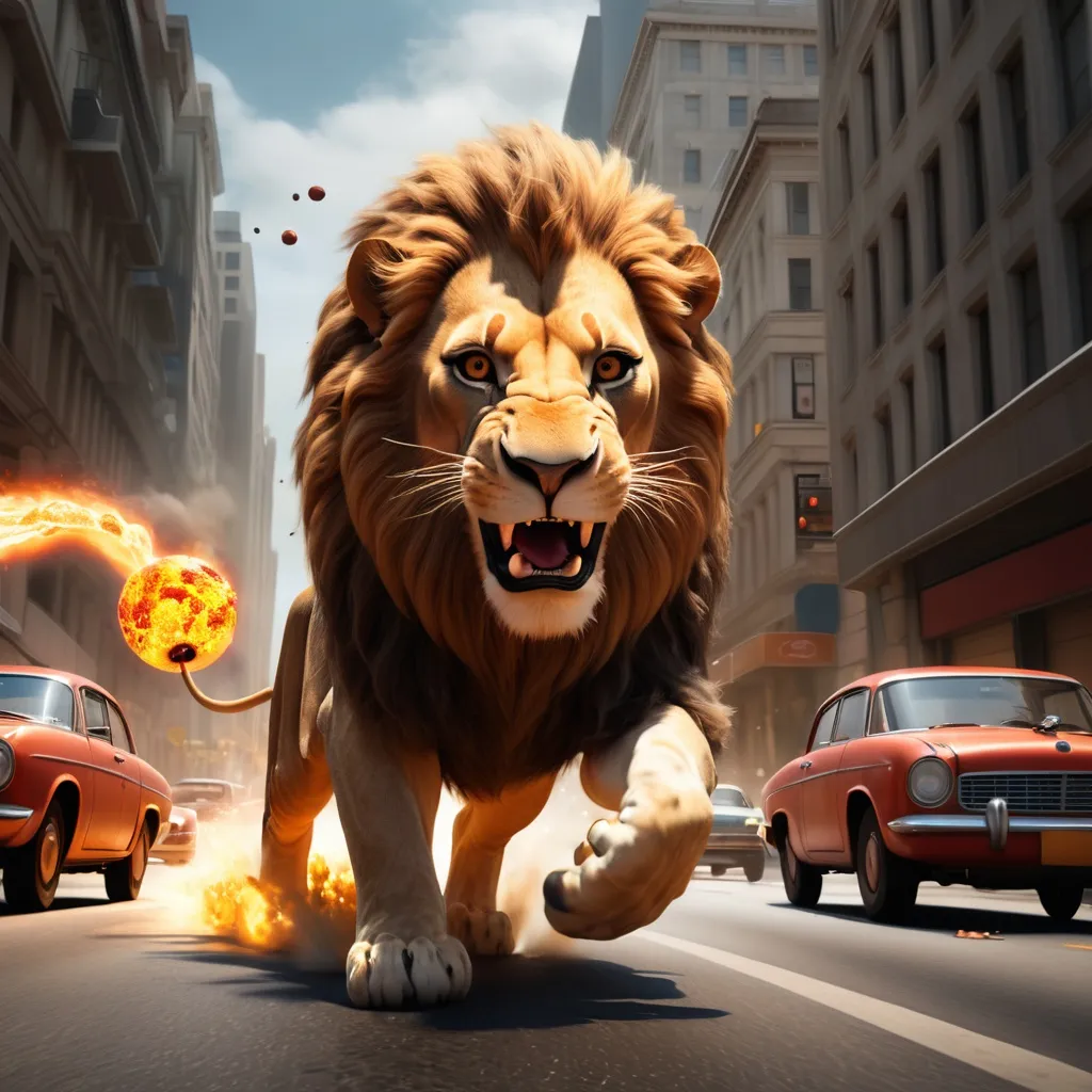 Prompt: a lion is running down a city street with a fireball in the air behind it and cars on the road, Chris LaBrooy, fantastic realism, weta digital, concept art