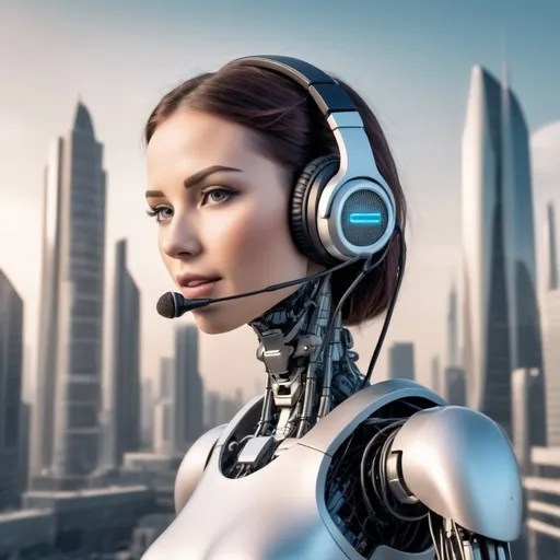 Prompt: A female call center robot in a futuristic metropolis skyline wearing a voice-enhancing microphone headset.