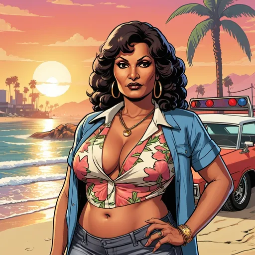 Prompt: GTA V cover art, Pam Grier on the beach at sunset, cartoon illustration