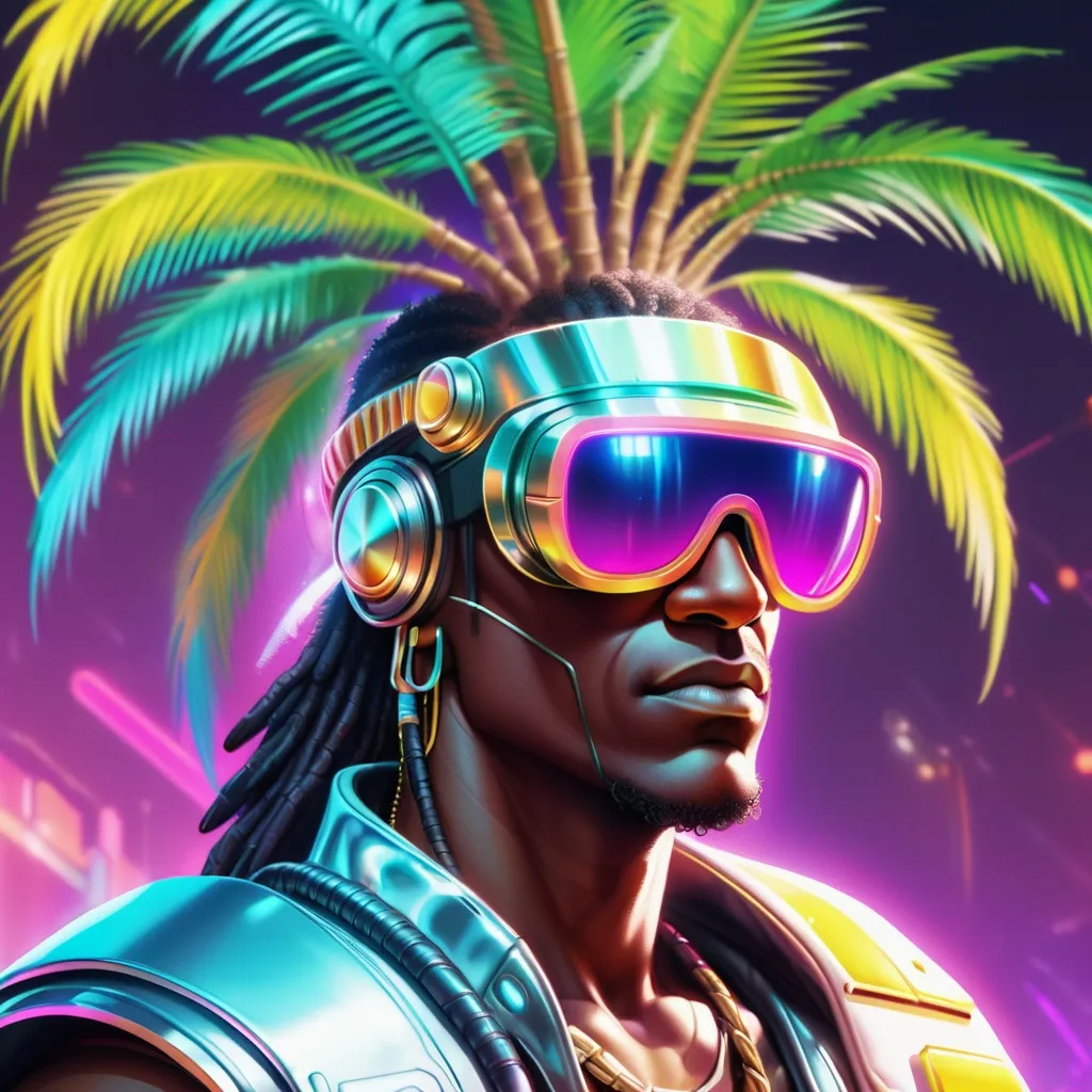 Prompt: a close up of flavor flav wearing futuristic visors a palm tree, shiny cyberpunk colors, retrofuturism, 1980s sci-fi, game cover art, character, 4k