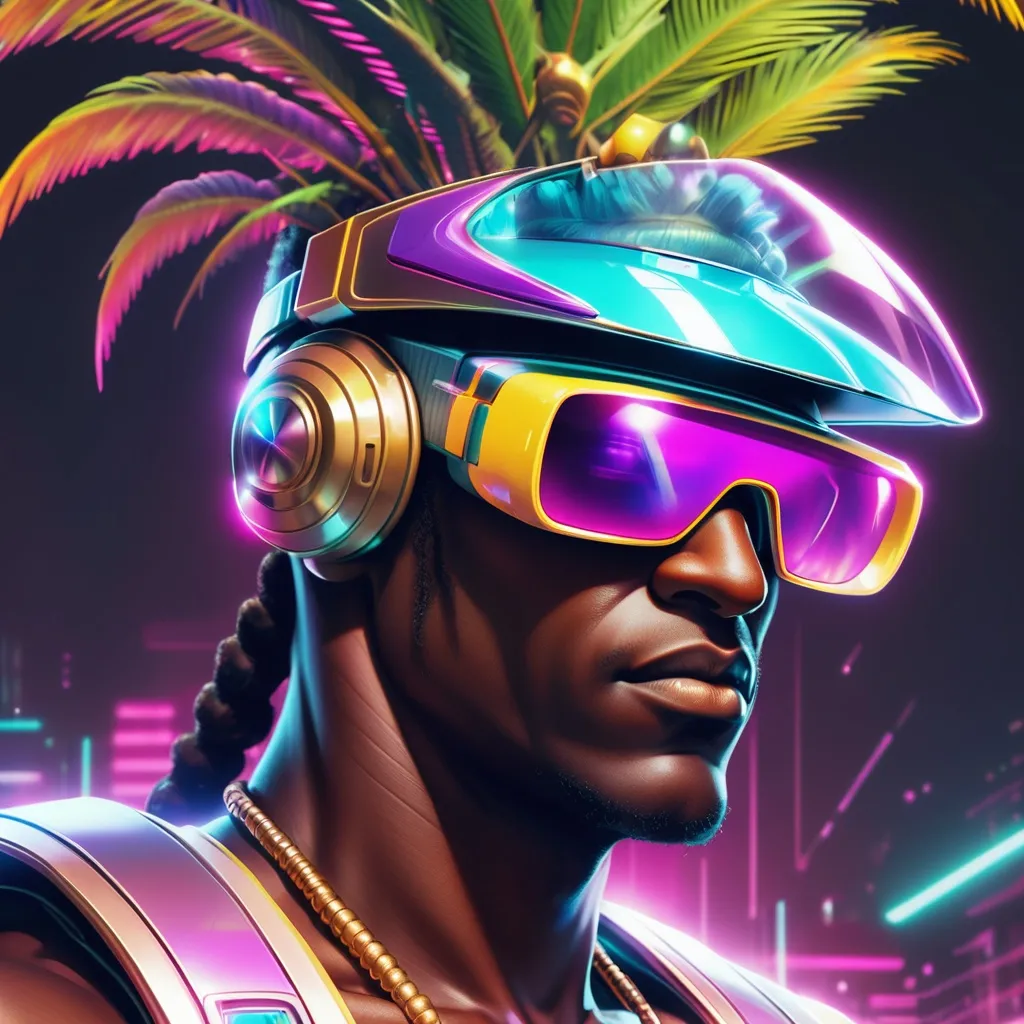 Prompt: a close up of flavor flav wearing futuristic visors a palm tree, shiny cyberpunk colors, retrofuturism, 1980s sci-fi, game cover art, character, 4k