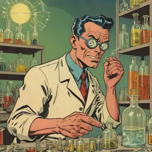 Prompt: A mad scientist in a  dispensary lab, in the style of Jack Kirby and Wally Wood, 1940s vintage comic, faded colors