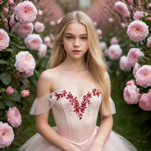 Prompt: Ballerina, 15, long blonde hair, soft features, alluring look, posing for photo, france, flowers, blossoming, off the shoulder, red eyes