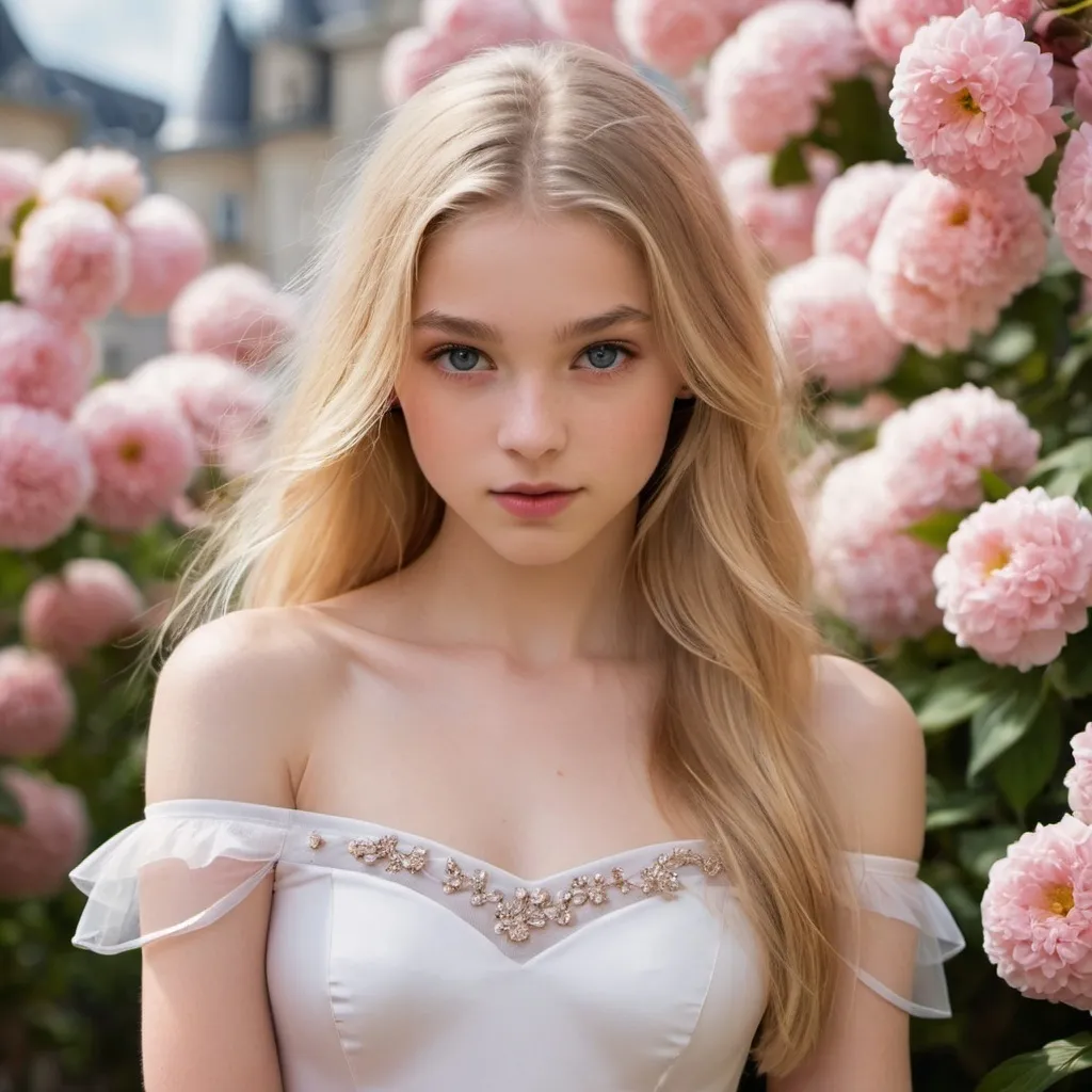 Prompt: Ballerina, 16, long blonde hair, soft features, alluring look, posing for photo, france, flowers, blossoming, off the shoulder, red eyes