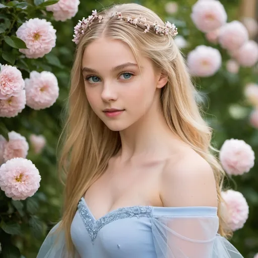 Prompt: Ballerina, 16, long blonde hair, soft features, alluring look, posing for photo, Italy, flowers, blossoming, off the shoulder, blue eyes