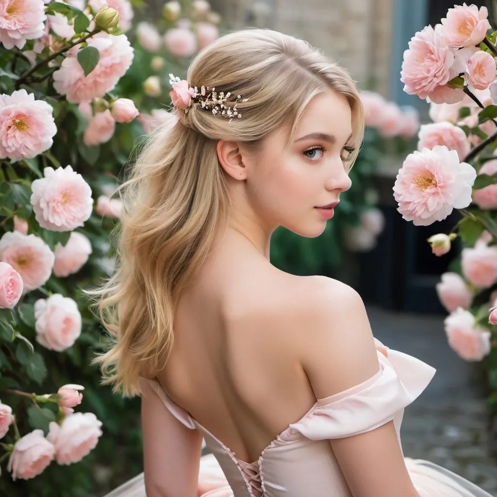 Prompt: Ballerina, 19, long blonde hair, soft features, alluring look, posing for photo, france, flowers, blossoming, off the shoulder, bright eyes, flawless beauty, from behind, looking back, yearning 