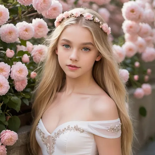 Prompt: Ballerina, 14, long blonde hair, soft features, alluring look, posing for photo, france, flowers, blossoming, off the shoulder, bright eyes, flawless beauty