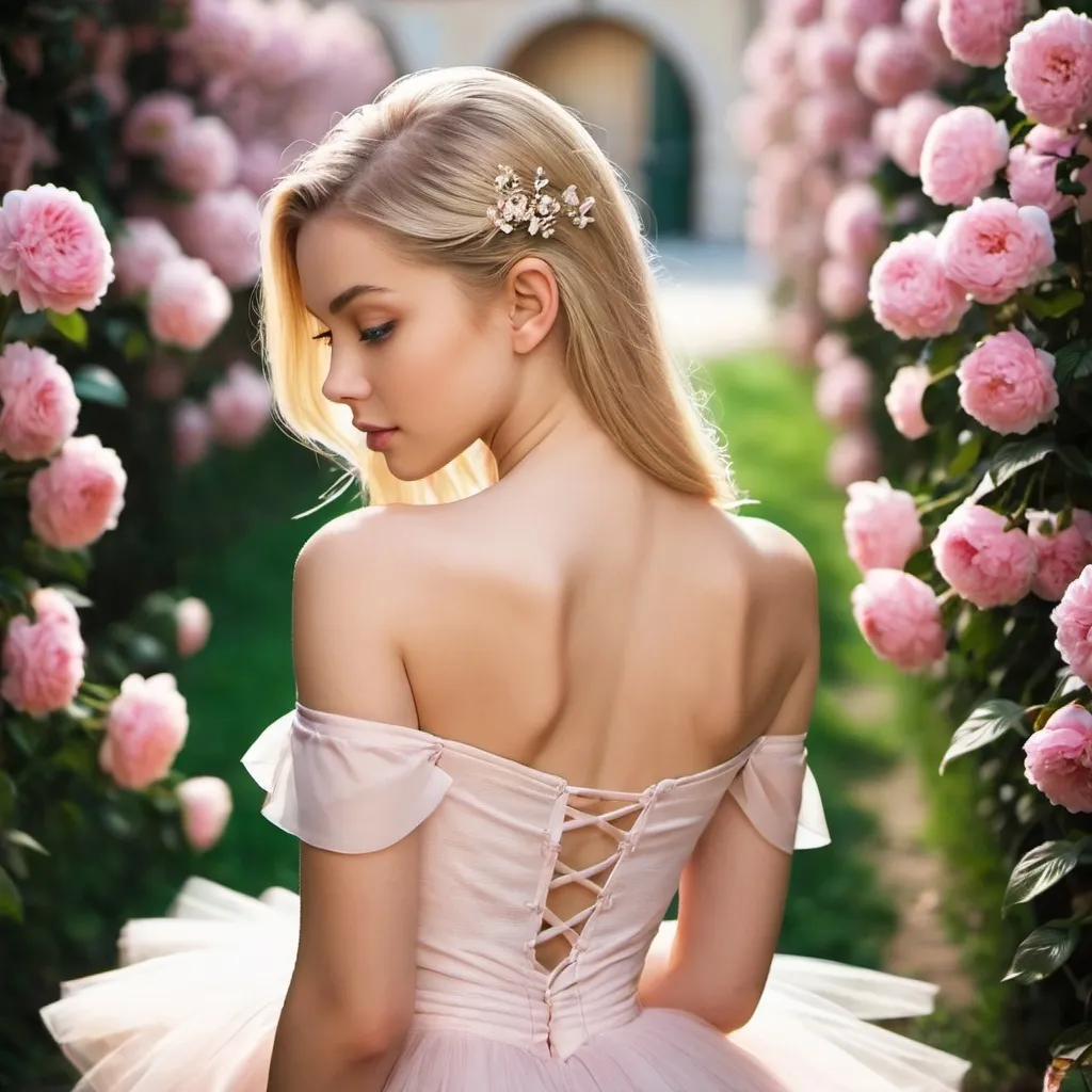 Prompt: Ballerina, 21, long blonde hair, soft features, alluring look, posing for photo, Italy, flowers, blossoming, off the shoulder, bright eyes, flawless beauty, from behind, looking back, yearning 