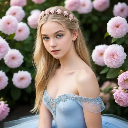 Prompt: Ballerina, 16, long blonde hair, soft features, alluring look, posing for photo, Italy, flowers, blossoming, off the shoulder, blue eyes