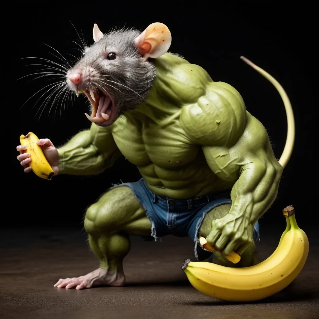 Prompt: A disgusting rat with the body of a banana and the strength of a hulk doing some crazy stuff.