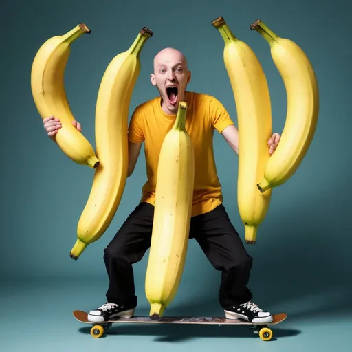 Prompt: A man with 3 heads, 6 arms and 7 tongues skating over a banana