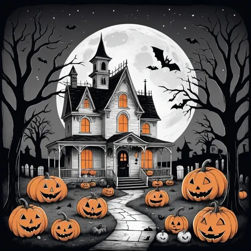 Prompt: Create a black and white image of vintage Halloween thin lines child friendly
