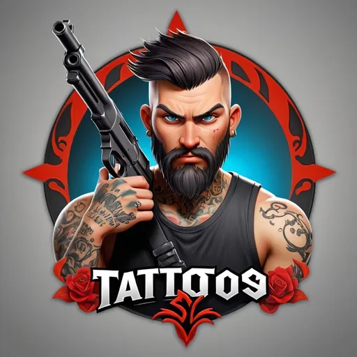 Prompt: logo for games men with tattoo. shooters and fier . 
name SW3KY