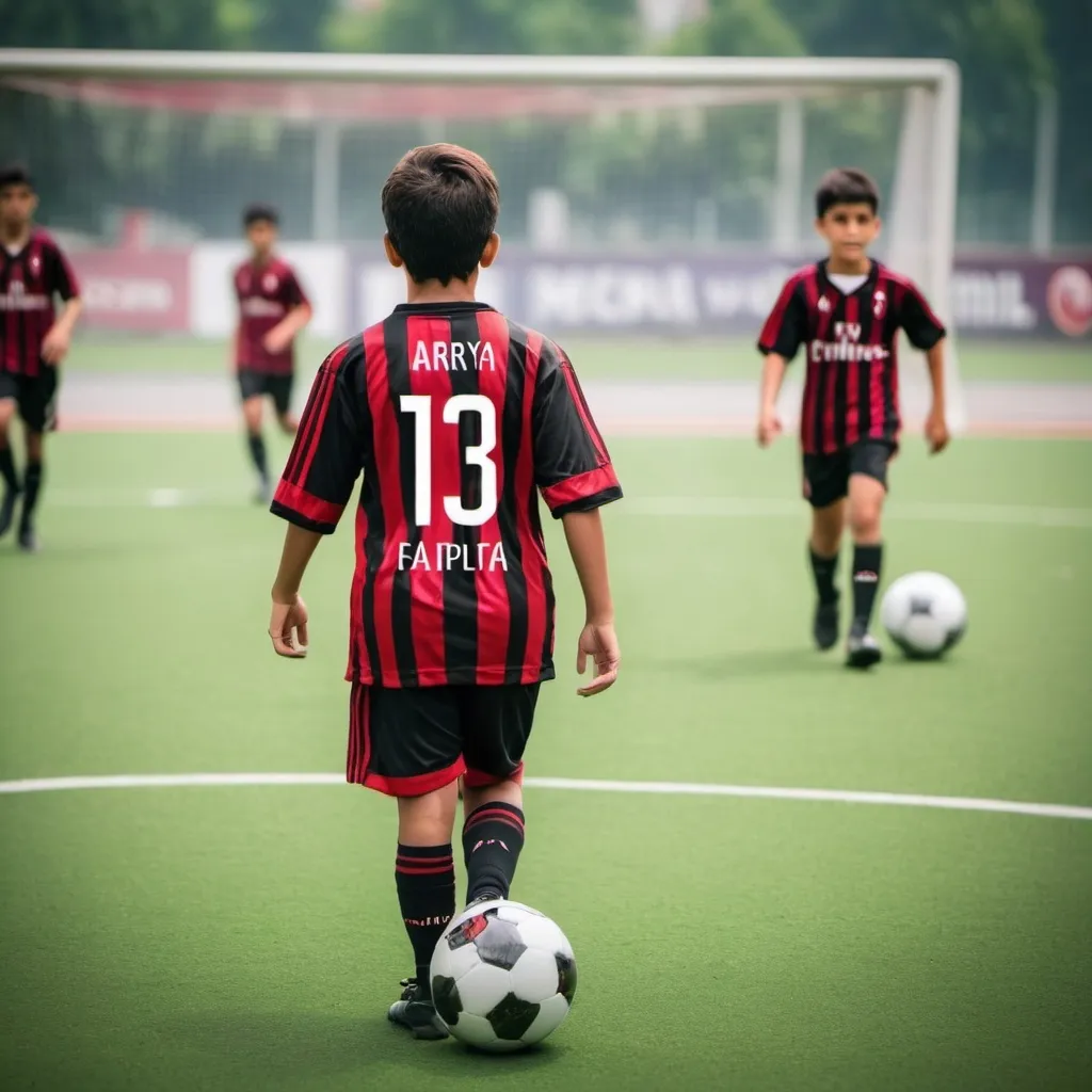 Prompt: Teenage kid wearing football jersey AC Milan with number 13 and Name Aarya scoring a goal kicking football on a football turf with other players Blur background 