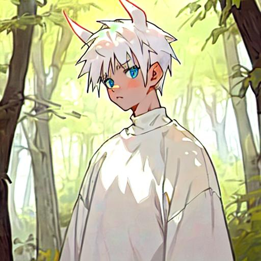 Prompt: boy. with spikey white hair, red hornes. white sweater. in a forest. big eyes