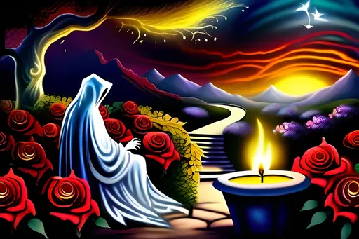 Prompt: ghost in wispering sorrow crying wishing well, deep red roses on bushes, white lillies, emotionally inspired by horror movies, burning yellow candles,  fire,Blueberry bushes, tinkerbell pixie fairy, inspired by greek mythology, colorful creative unimaginable dream landscape, digital airbrush, digital art, contrasts, shadows and lights.