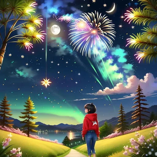 Prompt: 1boy, 1girl, aerial fireworks, aurora, bare tree, branch, bug, bush, butterfly, cherry blossoms, christmas tree, city lights, constellation, crescent moon, denim, earth \(planet\), fireflies, fireworks, flower, forest, full moon, galaxy, grass, green eyes, hood, hoodie, jeans, jewelry, lake, light particles, lily \(flower\), looking at viewer, milky way, moon, moonlight, mountain, nature, necklace, night, night sky, outdoors, palm tree, pants, pine tree, planet, plant, realistic, shooting star, short hair, sky, space, standing, star \(sky\), starry sky, starry sky print, tanabata, torn clothes, torn jeans, torn legwear, torn pants, tree, twilight