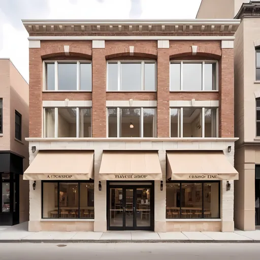 Prompt: A two-story shop with brick and white travertine facade and 4 relatively large windows with a balcony
