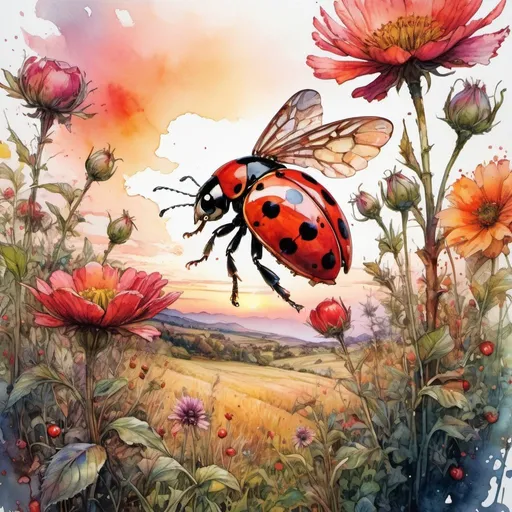 Prompt: Detailed watercolor Illustration of a ladybird, beautiful vibrant sunset over a field of various bold_vibrant_flowers and blooming_apple_trees : by Carne Griffiths, Minjae Lee, Tim Burton watercolor art, Intricate, Complex contrast, HDR, Sharp soft Cinematic Volumetric lighting, wide long shot