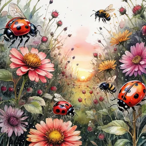 Prompt: Detailed watercolor Illustration of ladybirds and bumblebees in a field of various bold_vibrant_flowers and blooming_apple_trees, stunning sunrise, dew drops on leaves: by Carne Griffiths, Minjae Lee, Tim Burton watercolor art, Intricate, Complex contrast, HDR, Sharp soft Cinematic Volumetric lighting, wide long shot