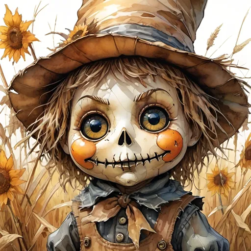 Prompt: watercolor & ink close up Portrait of an adorable cute  whimsical small pouting chibi scarecrow with reflective gorgeous JUMBO_hyperdetailed_eyes , 3d, deviantart, a masterpiece, deep depth of field, by Craig Mullins, perfect composition, beautiful natural background