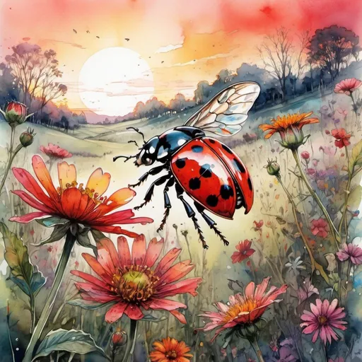 Prompt: Detailed watercolor Illustration of a ladybird, beautiful vibrant sunset over a field of various bold_vibrant_flowers and blooming_apple_trees : by Carne Griffiths, Minjae Lee, Tim Burton watercolor art, Intricate, Complex contrast, HDR, Sharp soft Cinematic Volumetric lighting, wide long shot