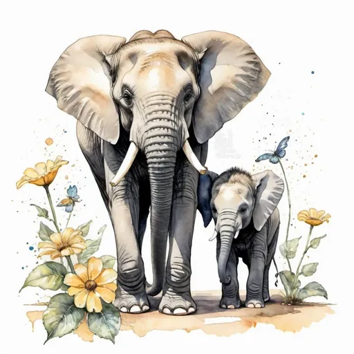 Prompt: a stunning watercolor and ink illustration of one elephant with it's trunk raised to trumpet followed by a baby elephant carrying a diasy