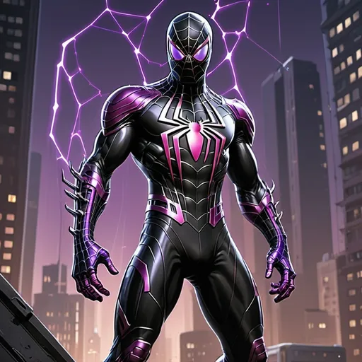 Prompt: a black and purple armoured spiderman suit with claws magnet boots laser turrets high tech webs