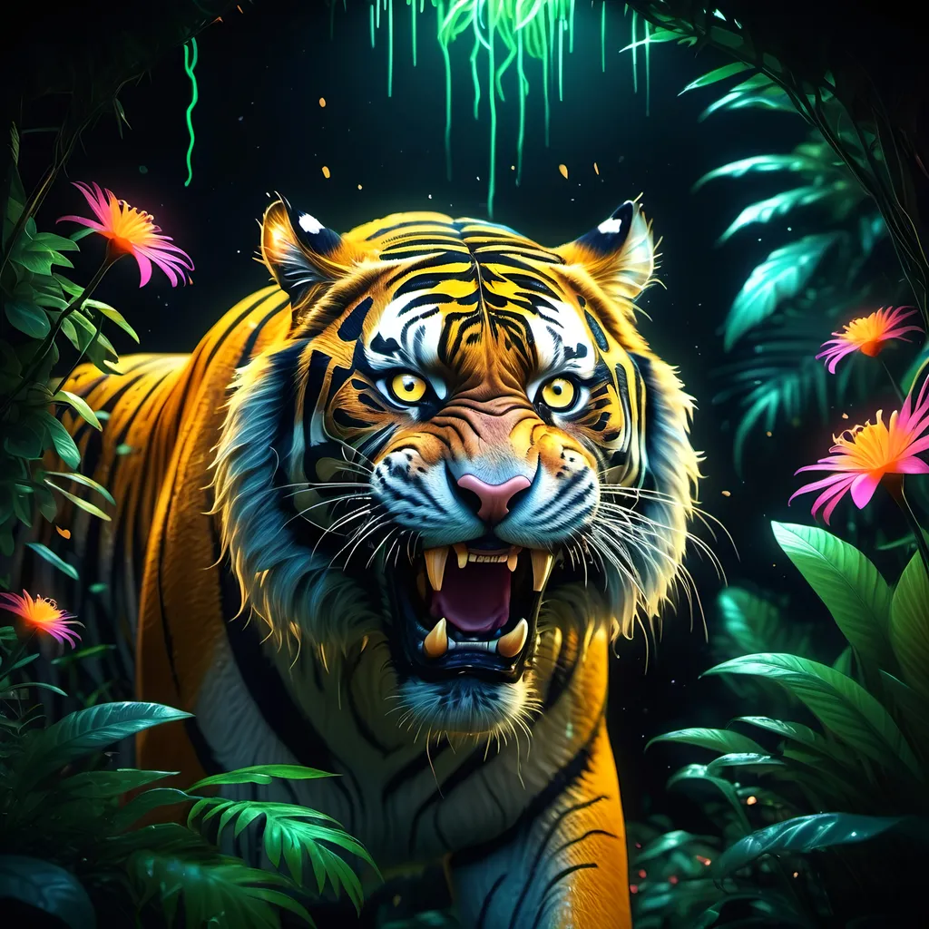 Prompt: Realistic image, 4k image, A neon-lit jungle with glowing flora and fauna, liquid lights, We see a Beautiful strong tiger who are angry and he is attacking us, roaring and warning us to come near us. jungle foliage and flowers incorporated, light emitting, Gustav Klimt style, black background