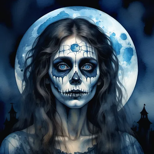 Prompt: 4k image, realistic, watercolor darker natural colors, misted image, (medium closeup:0.6) portrait. We see a really scary and spooky halloween image for adult, a darkand scry blue lit and big full moon in the background. Gustav Klimt style, Digital Image,