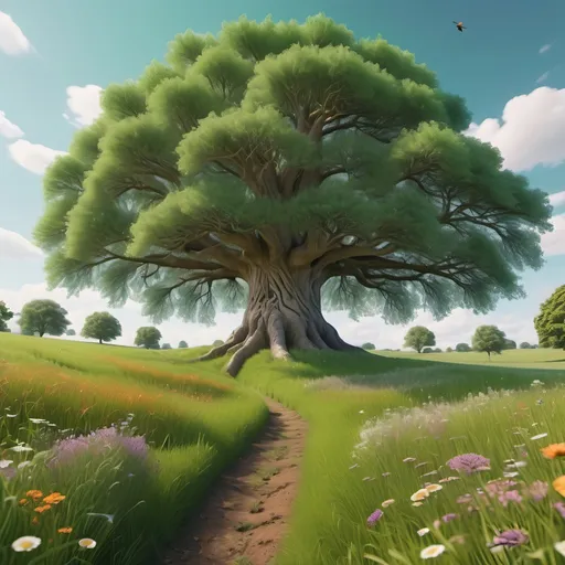 Prompt: a 4k, digital image, A field with thick green grass, lots of fieldflowers, a narrow path and a huge tree in the middle of the fields, The tree gives life to flowers, birds. The tree of life, the tree is breathing with the ife in the air and on the ground, it is beautiful, realistic attention to detail, highly detailed, colorful realism, dynamic flow with liquid lighting techniques, The scene is breathtaking. Michelangelo style,