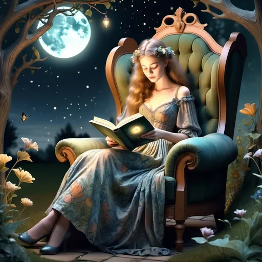 Prompt: 4K image, fairytale like image, dark natural watercolors, We see an lady dressed in a sheer and wonderfull fantasy dress with nice colors, she are reading stories for some fairy children and she have her big glowing magic book in her lap as she sits in a big  whimsical armchair, Moonlight in the back, and a whimsical nature. William Morris style, digital image.