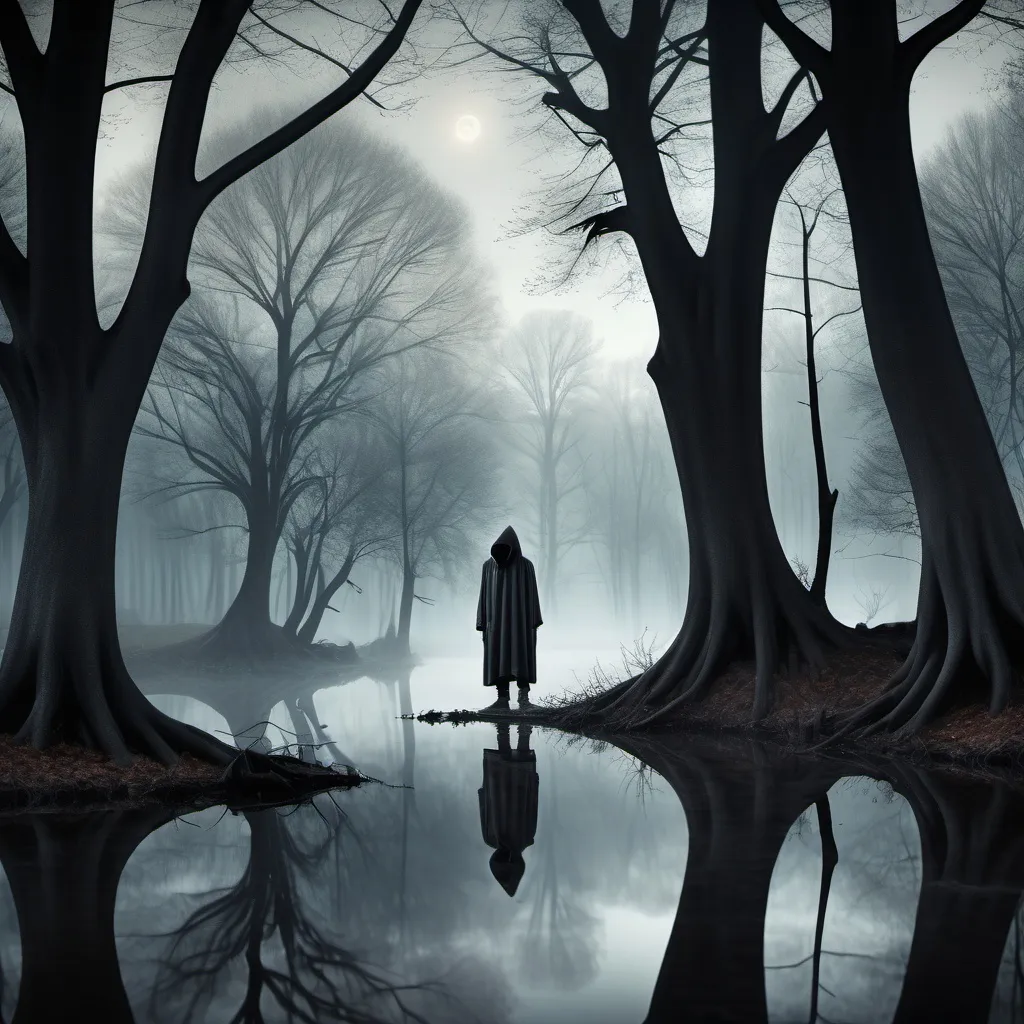 Prompt: 4k image, realistic, 3 d image, in oil color darker colors, misted image, A dark, intense scene featuring a capturing a serene, misty forest with bare trees reflected in still water, creating a dreamy and ethereal ad spooky atmosphere, with a hooded man in front of us, very close to us faceless, Moonis up, William Morris style, digital image