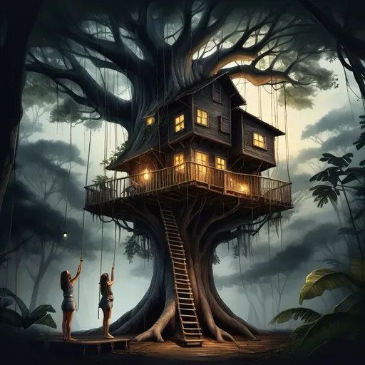 Prompt: 4K image, realistic image, watercolors in natural dark colors, We see a treehouse built on a huge tree in the jungle, with a ropeladder to come up and down on, it is placed in a shadowed place under the huge treecrown, smaller lights are hanging on some places in smaller branches for light to the house, a young woman stands in a balcony under the treecrown and looks at the breathtakin view, it is beautiful with lots of jungleplants, vines, flowers and fireflies and beautiful birds, the moon is up and gives a beautiful glow. A calm and peaceful image, the feeling is calm, peaceful and respectful. Leonardo Da Vinci's style, Digital Image.