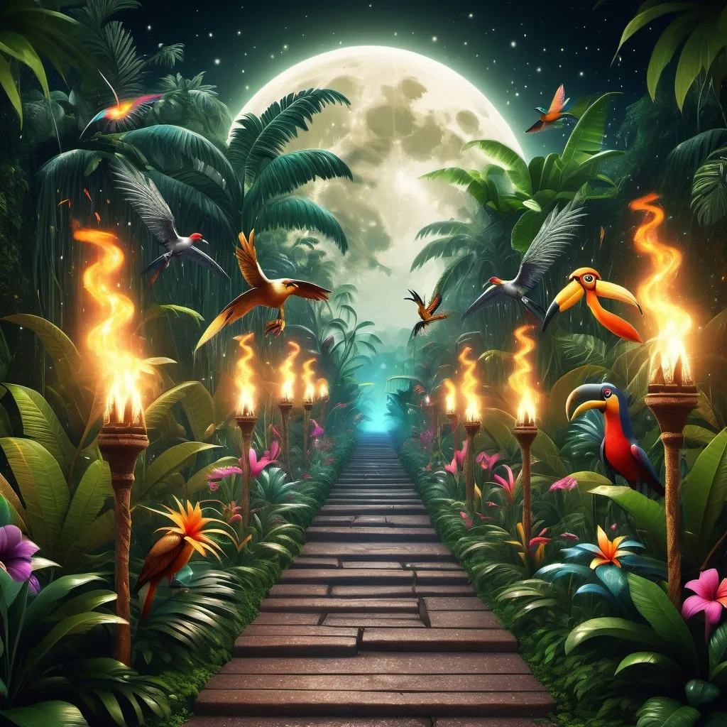 Prompt: Realistic image, 4K image, 3D image, An image of , we see it from the front, centered, a background with a view of a fantastic scene of jungle flowers, jungle birds and paths, torches placed along side the paths, a wonderful full moon over the jungle , with glitter and glamour, like a fantastic wall in a brilliant disco, with a shimmering light , atmosphere of softness warmth, dramatic light, very detailed, the colors should be in darkgreen, lightgreen, yellow and orange, brown, red, and creme with a little gold in the details. John Bauer's style, detailed,