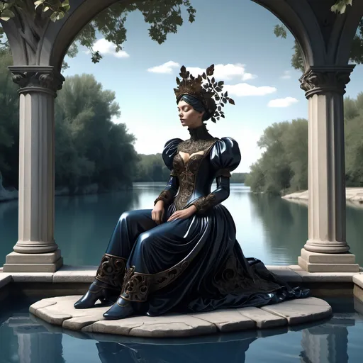 Prompt: 4k image, trompe l’oeil, A woman in an elaborate, dark-colored costume with intricate designs sitting on a stone structure by a calm blue river, surrounded by trees reflecting on the water's Surface. Michelangelo's style, digital image