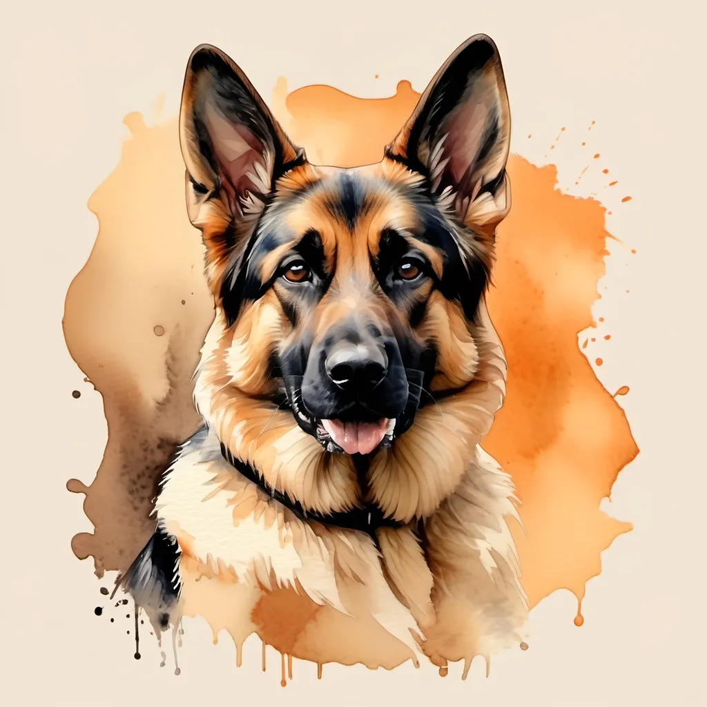 Prompt: A German Shepard dog in watercolor, centered, in brown, black in details faint orange and with a soft cream, color background.