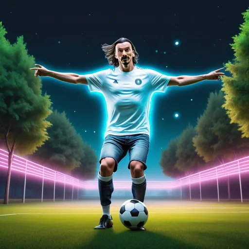 Prompt: Realistic image, 4k image, A neon-lit soccerfield, a man who is similar to zlatan are playing with a ball high up in the air, he is dressed in jeans and a t-shirt, trees and soccer fields grass incorporated, light emitting, Leonardo Da Vinci's style, white background