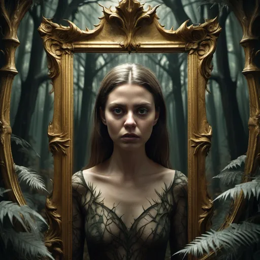 Prompt: Realistic 3 D abstract image, a lush, sheer, faded dark forest, (medium closeup:0.6) portrait, We see a woman who stands in front of a tall paled golden mirror. she is looking at her scary evil self in the mirror, the mirror shows her, who she is inside, her soul, the dark evil one, dark foliage thorns and dark coloured flowers incorporated, scary soft light emitting almost like glittering, glow, Leonardo Da Vinci style, Digital Image.