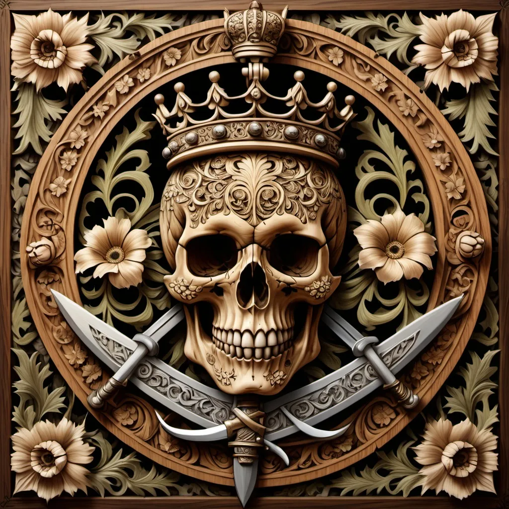 Prompt: 4 k image, warm natural oil colors, A wooden panel with intricate carvings depicting a skull with a coat of arms with a skull with a crown on it and two crossed swords below the skull, surrounded by ornate floral patterns, showcasing detailed craftsmanship, William Morris style, digital image,