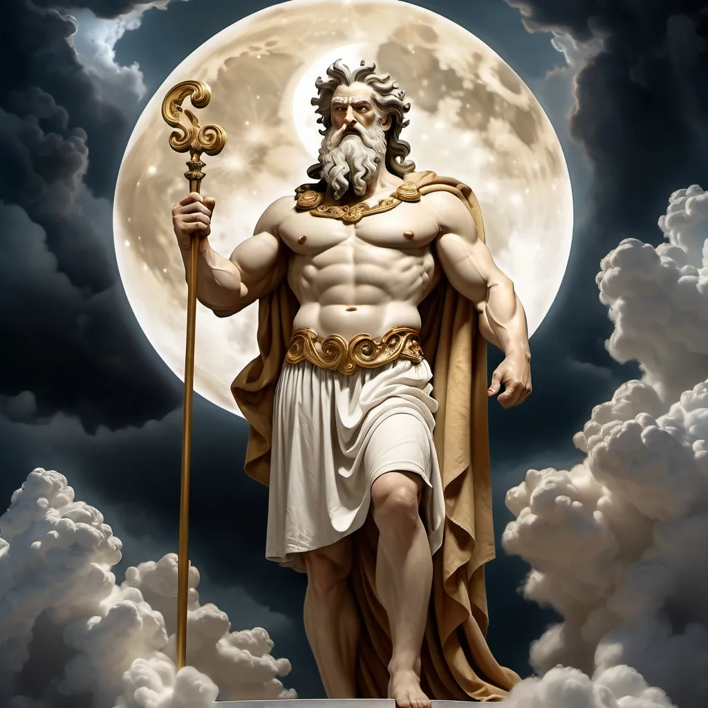 Prompt: 4k image, trompe l'oeil art, an image of Zeus standing amoung the clouds with a lighting in his hand, the heaven is angry, angry dark clouds, in white clothing with gold details, in natural colors, moon in background, Carl Larsson's style.