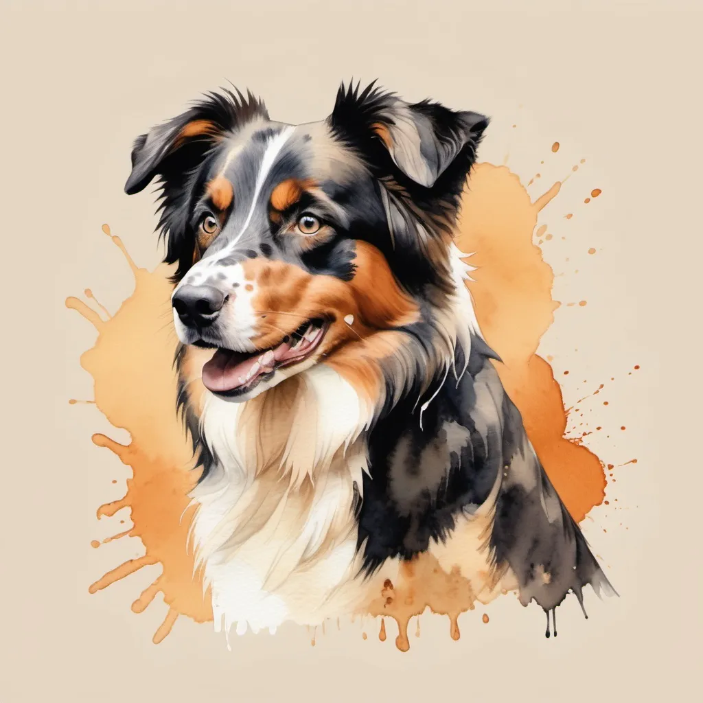 Prompt: A Australian Shepard dog in watercolor, centered, in brown, black in details faint orange and with a soft cream, color background.