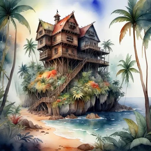 Prompt: 4k image, watercolor's, in natural rainbow colors, realistic image, centered, A jungle with a rich flora and fauna, misted, dark, dusty, the year 1700, an huge island somewere in the ocean, a hideout, a large wooden house built by the pirates. it has a lot of windows to protect yourself from, it has a heavy wooden double door with iron on it, torches outside the house, stucked firmly in the ground, to light up the place. it is placed near the ocean, (medium closeup:0.6) portrait, were the piratship is anchored. environment according to the time period. A moonlight from behind gives the images a soft light emitting, intricate details, dynamic lighting techniques Leonardo Da Vinci style. Digital Image.