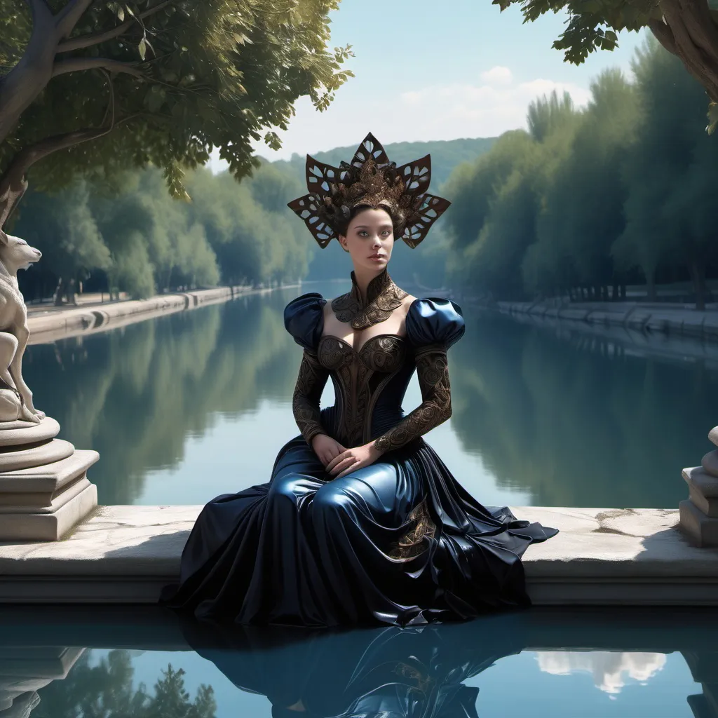 Prompt: 4k image, trompe l’oeil, A woman in an elaborate, dark-colored costume with intricate designs sitting on a stone structure by a calm blue river, surrounded by trees reflecting on the water's Surface. Michelangelo's style, digital image