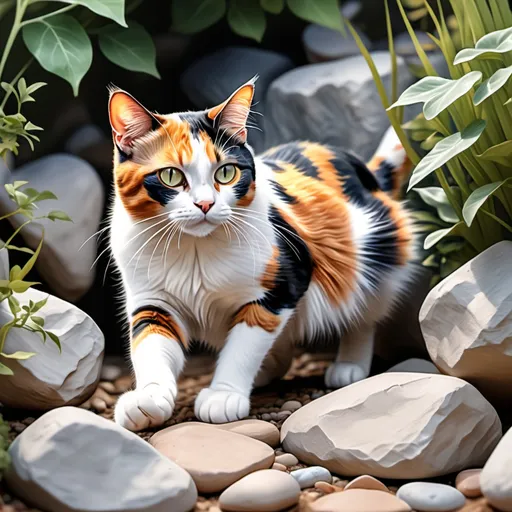 Prompt: 4K image, realistic image, , A vibrant pencil and watercolors drawing of a calico cat about to pounce on unseen prey, surrounded by soft garden rocks. Michelangelo's style. Digital Image.